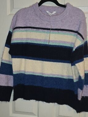 Time and Tru Lavender, Navy & Cream Striped Crewneck Sweater